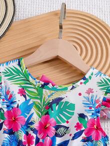 Elladie kids Robe décontractée élégante pour filles avec imprimé floral, col rond, manches évasées, dos ajouré, nœud décoratif à la taille, volants à l'ourlet. Convient pour les vacances et les voyages, l'été. - Blanc - Voir 4