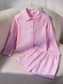 SHEIN 2pcs/Set Pakaian Anak Perempuan Remaja Kasual Berkerah Polo dengan Motif Garis-garis dan Pita, Kemeja Lengan Panjang dan Celana Pendek Motif Garis-garis, Musim Semi/Musim Gugur - Berwarna merah muda - View 2
