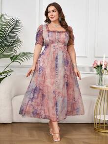 Ellevyn Plus Size Elegant Tie-Dye Print Dress, Summer - Multicolor - View 7