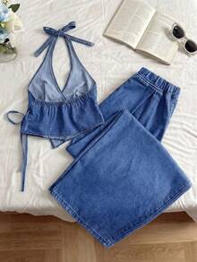 GlowEve Bộ đồ nữ gồm áo yếm vạt lệch và quần jeans ống rộng. - Màu xanh lam - Xem 2