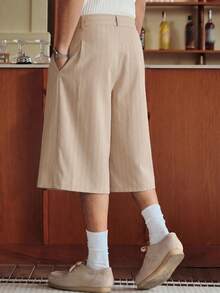 SWAVVY Men's Striped Pattern Button Zipper Casual Shorts - Khaki - View 2