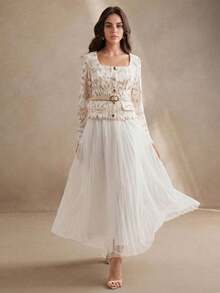 Anewsta Square Neck Long Sleeve Fitted Lace Hollow-Out Mesh Waist Tie 2 In 1 Elegant Pleated Skirt, Suitable For Valentine's Day, Vacation, New Year White - Apricot - View 5