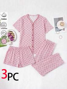 SHEIN 女士纯棉三件套粉色条纹家居服，撞色缝线纽扣前襟设计，短袖衬衫、短裤和长裤，舒适休闲睡衣套装 - 粉色 - 查看 1