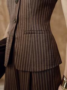 Arave Women's Sleeveless Striped Round Neck Fitted Vest With Faux Pockets And Waist Design, Suitable For Daily Commute - Camel - View 8