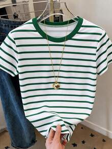 Resyla Women's Short Sleeve T-Shirt With Round Neck And Striped Print, Suitable For Summer Holidays And Everyday Wear - 多色 5 - 查看 3