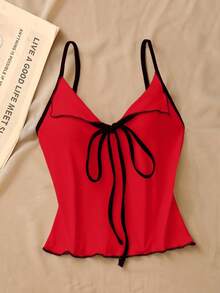SHEIN LUNE 女士蝴蝶结荷叶边吊带背心，优雅修身 - 紅色 - 查看 3