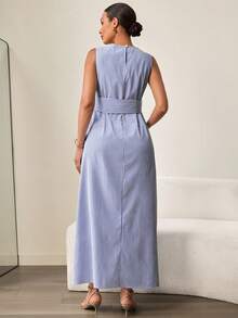 MaterniWear Đầm bầu kẻ sọc, eo xoắn, kiểu dáng thường ngày, thích hợp cho kỳ nghỉ. - Màu xanh lam - Xem 2