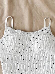 SHEIN 青少年女孩 T-Shirt 套裝 春夏波點針織提花紋理細肩帶上衣 荷葉邊 A 字蛋糕裙褲 2 件套 休閒復古街頭度假風 - 白色 - 查看 3