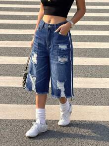 Muchica Quần short denim nữ dáng rộng, có túi, rách gấu, tua rua. - Rửa tối - Xem 3