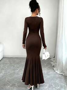 Selianne Women's Solid Color Jellyfish Ruffle & Drawstring Neck Fitted Mermaid Dress, Spring/Summer - Coffee Brown - View 2