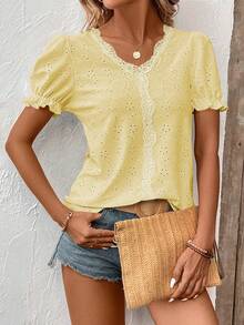SHEIN LUNE Camiseta de vacaciones informal de unicolor con textura y ribete de encaje - Amarillo - Ver 5