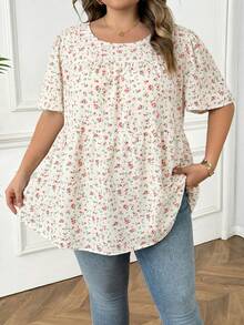 SHEIN CURVE+ 大码女式碎花圆领短袖休闲衬衫，夏季女装，度假女装，波西米亚风假日装，秋季女装，秋季服装，教师装 - 白色 - 查看 4
