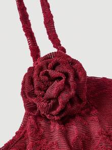 SHEIN MOD Plus Size Women's Solid Color Draped 3D Floral Detachable Hem Asymmetrical Ruffle Trim Red Camisole Top,Asymmetrical Top,Mesh Top,Party Tops, Costume,Maroon Top,Club Tops,Party Tops,Y2K Tops,Peplum Top,Lace, Tops For Women, Red Lace Top, Red Lace Cami, Lace Tops For Women, Lace Cami Top For Women - Burgundy - View 6