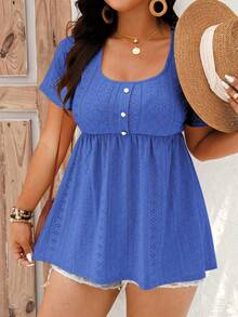EMERY ROSE Plus Size Women Square Neck Short Sleeve Casual T-Shirt - Royal Blue - View 6