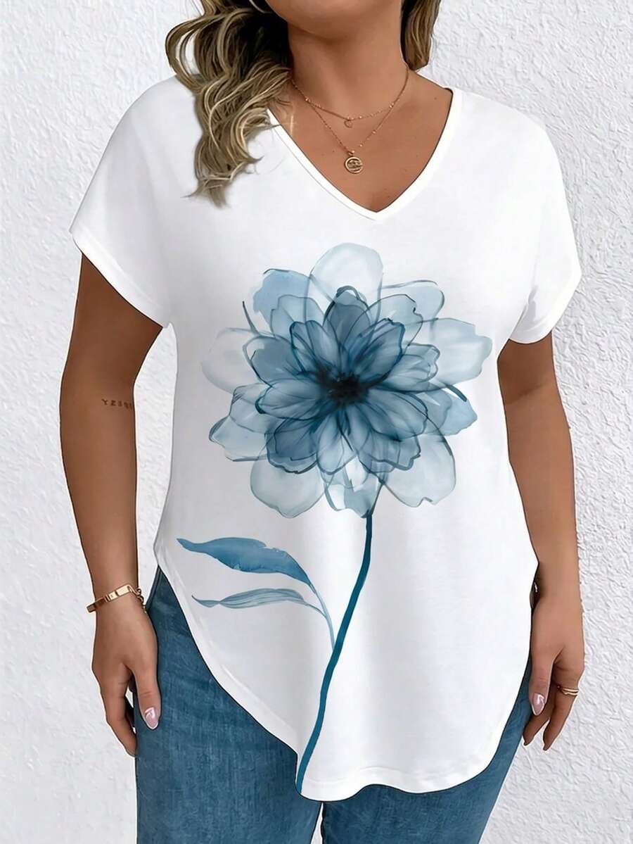 EMERY ROSE Áo thun nữ tay ngắn cổ chữ V in họa tiết màu nước, kiểu dáng thường ngày. - Nhiều màu - Xem 1