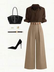 SHEIN Tall CURVE Quần ống đứng xếp ly tối giản dành cho nữ, cỡ lớn (TALL), thích hợp đi làm. - Màu Khaki - Xem 3