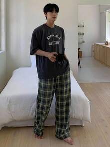 DAZY 男士格紋休閒居家長褲，春夏睡褲 - 綠色 - 查看 6