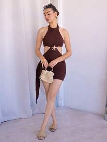 Andrea Bello New Vacation Halter Waist Hollow Out Fitted Flowy Mini Dress, Bohemian, Boho, Vacation, Fall Women Clothes, Vintage, Holiday Brown Party - Brown - View 5