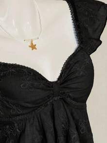 SHEIN ICON Áo hai dây nữ dáng lửng, tay ngắn, hở lưng, chất liệu jacquard, kiểu Pháp lãng mạn, xếp ly phía trước, ôm sát, khoét eo, thích hợp cho kỳ nghỉ. - màu đen - Xem 8