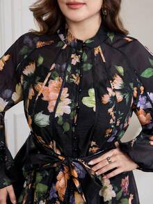 Modelyn Floral Print Stand Collar Long Sleeve Loose Regular Dress, Plus Size, Spring/Autumn - Multicolor - View 6