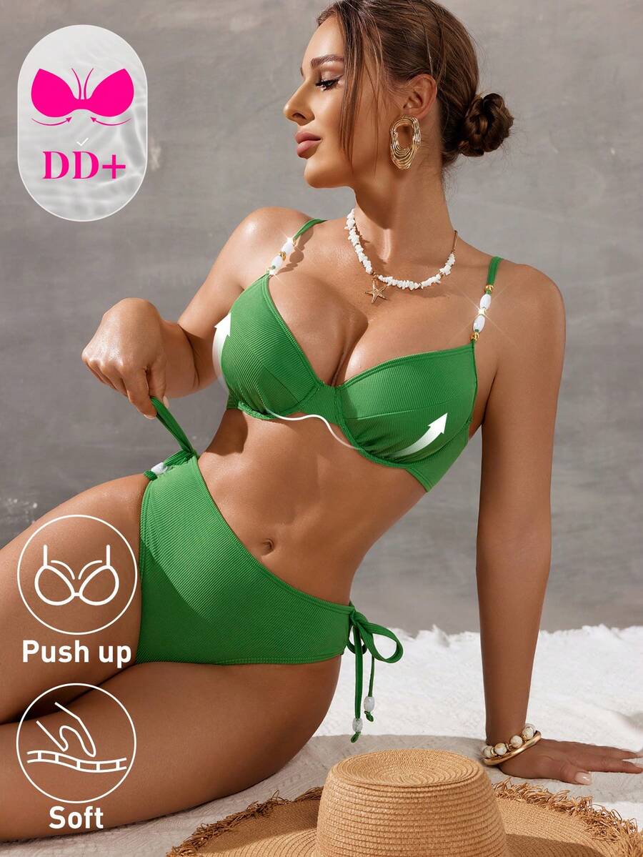 Swim DD+ Conjunto de bikini de unicolor sexy para mujer para la playa de verano - Verde - Ver 1