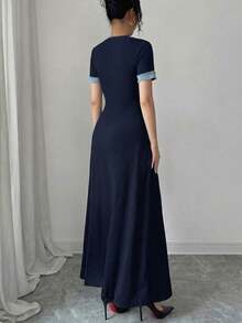 Rafferiza Women's Elegant V-Neck Black Knit Fabric Lace Patchwork Long Sleeve Dress - Navy Blue - View 2