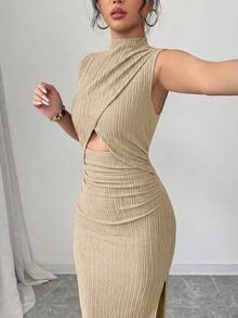 SHEIN Raffinéa Black Sleeveless High Neck Cutout Waist Textured Fabric Dress For Women - Apricot - View 4