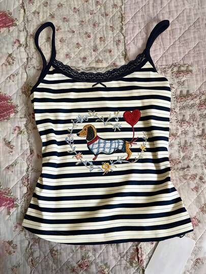 Glimmora 女士腊肠犬爱心刺绣条纹撞色蕾丝吊带背心