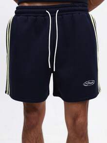 SUMWON Navy Athletic Shorts With Yellow Side Stripes And Logo Detail Men's Summer Casual Sportswear With Side Pockets - Navy Blue - View 6