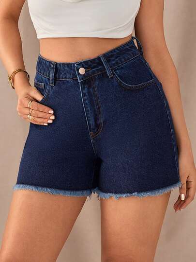 SHEIN Shorts en jean décontractés taille haute avec ourlet effiloché, lavage foncé pour femmes