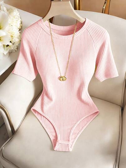 Franclia Elegant Women's Bodysuit, Casual Bodysuit, Round Neck Bodysuit, Daily Bodysuit, Short Sleeve Bodysuit Pink Bodysuit Ribbed Bodysuit