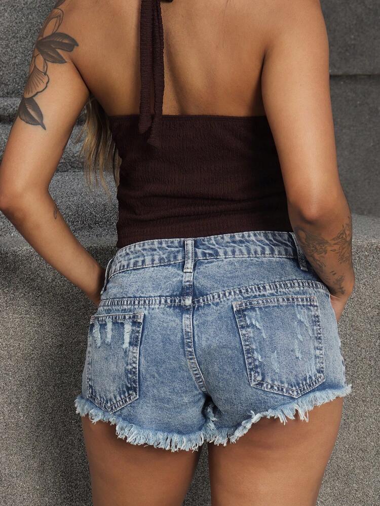 Rayane Ketlyn Solid Color Distressed Pocket Skinny Raw Hem Sexy Denim Shorts - Blue - View 2