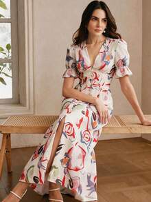 Anewsta Elegant Fitted Beach Style Random Floral Print Dress, Suitable From Spring To Summer, Valentine's Day Outfits For Women, Dresses Pink - Multicolor - View 2