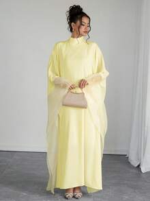 SHEIN Raffinéa Women's Solid Color Stand Collar Mesh Casual Party Dress - Light Yellow - View 4