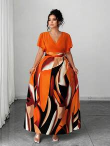 o redondo, estampado geométrico irregular, colorido, elegante, de alta gama, de estilo casual, de viaje, de vacaciones en la playa, bohemio, para mujer de talla grande, para primavera/verano - Naranja - Ver 3