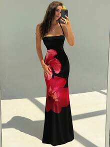 Veykashi 休闲度假风性感黑红芙蓉印花图案加大码女式优雅花卉全印花露背吊带长裙，适合春夏度假穿着 - 白色 - 查看 5