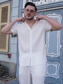 LEOGASHI LEOGASHI 2 件男士休闲纯色纹理短袖衬衫和抽绳腰宽松直筒裤套装，男士两件套服装，男士服装，舒适服装 - 白色 - 查看 4