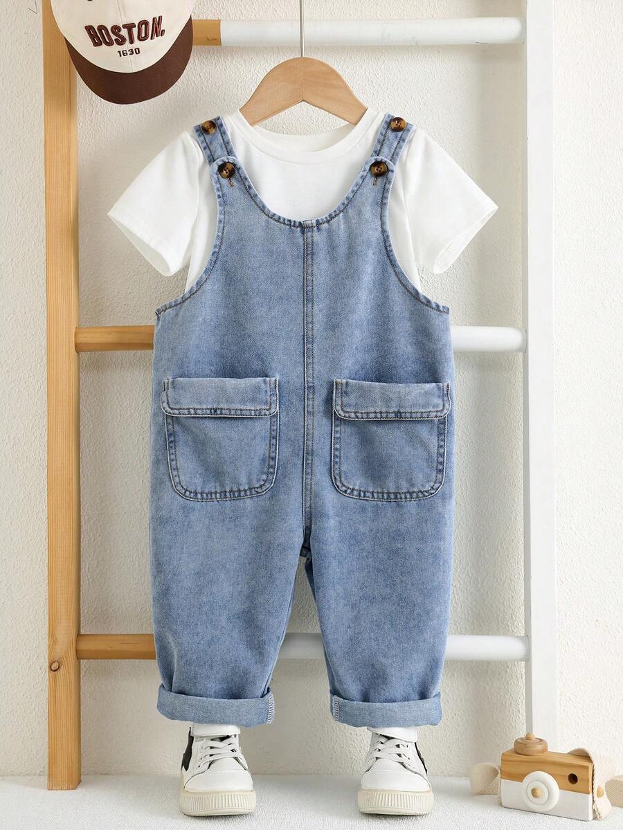 SHEIN 婴儿/幼儿可调节牛仔背带裤,舒适百搭,休闲简约风格,适合室内、室外、日常穿着、运动、玩耍、派对、拍照、节日、万圣节、圣诞节、新年等场合,春、夏、秋、冬四季皆宜。 - 藍色 - 查看 1