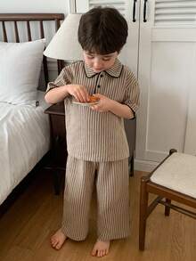 DAZY Young Boy Striped Print Short Sleeve Polo Shirt And Long Pants Pajama Set, Suitable For Spring, Summer And Autumn - Khaki - View 5
