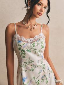 Poéselle Floral Lace Trim Midi Slip Dress For Women, Side Slit Wedding Guest Outfit, Elegant Summer Garden Party Dress,Women's Elegant Floral Print Sleeveless Dress, Summer,Summer Dresses For Women - Multicolor - View 8