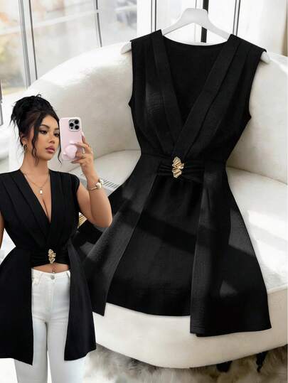 Elenzga 优雅新款都市时尚女式黑色V领金属装饰系带腰身无袖短前长后摆上衣，适合日常穿着、婚礼、晚宴、通勤、毕业派对、节日、假期、约会、聚会、万圣节、圣诞节、新年、感恩节、婚礼等场合。