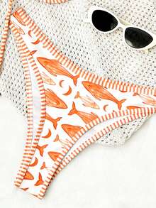 Swim Mod Cute Girl's Beach Outfit, Fish Print, Plaid Strap With Trim Design, Drawstring Bow Accent, Backless Elegant Bikini Two Pieces Set For Daily Beach Party, Casual Vacation - Multicolor - View 4