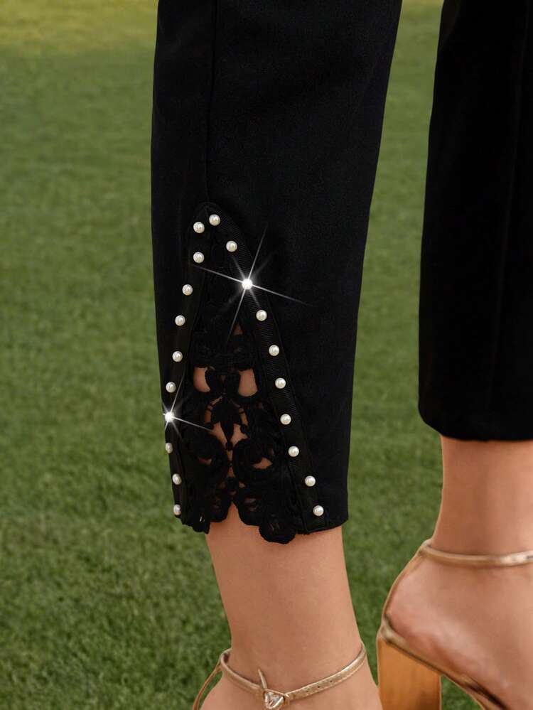 Plus Size Pearl Decor Black Casual Pants
