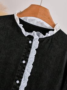CosyJoli 大码女装秋冬衬衫、纽扣上衣、水洗牛仔衬衫、可爱蕾丝衬衫、休闲女装、女童服装、灯笼袖衬衫 - 黑色 - 查看 4