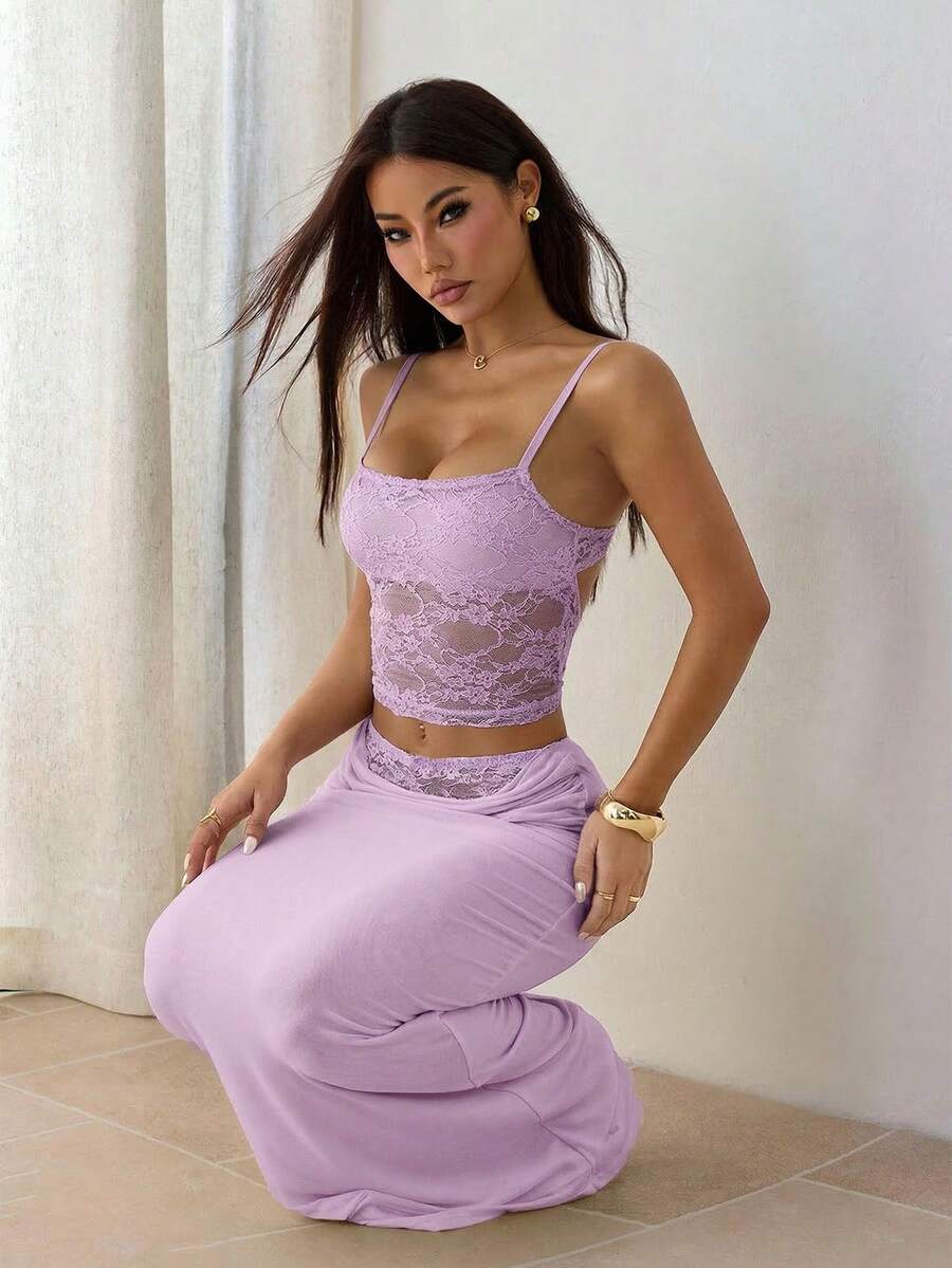 SHEIN PETITE 女士夏季蕾丝拼接透视两件套露背上衣+长裙性感优雅节日装扮情人节约会装扮音乐节宴会轻薄连衣裙适合秋冬季内衣穿着 - 淡紫色 - 查看 1