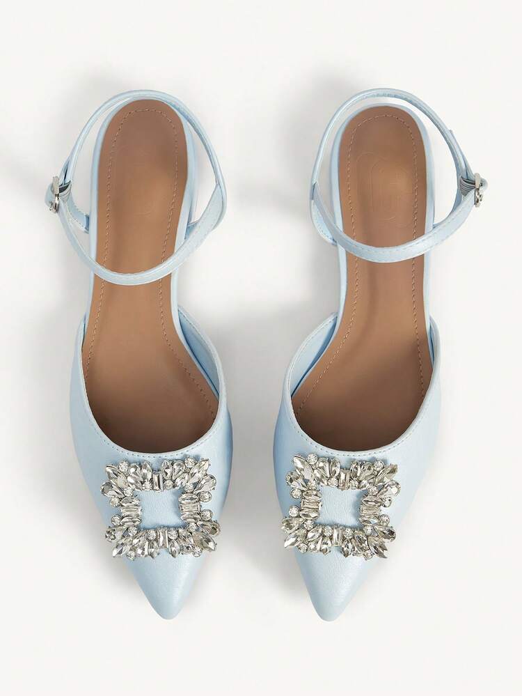 CUCCOO CHICEST Women Shoes New French Temperament Rhinestone Square Buckle Sexy Light Blue Pointed Flat Low-Heeled Shoes, Fashionable, Elegant, Comfortable And Not Tired Of Feet, Fairy Style High-End Closed Toe Sandals