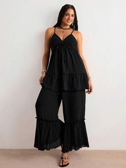 Freevana Conjunto de 2 piezas de talla grande de verano, informal, de unicolor, con camiseta de tirantes y pantalones acampanados