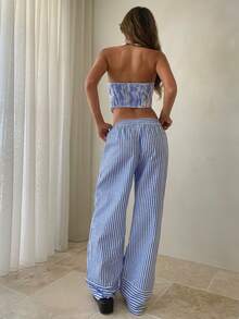 Aloruh Bộ đồ đi nghỉ mát kẻ sọc kaki, áo quây + quần ống đứng thoải mái, bộ đồ 2 mảnh gợi cảm. - Xanh và trắng - Xem 2