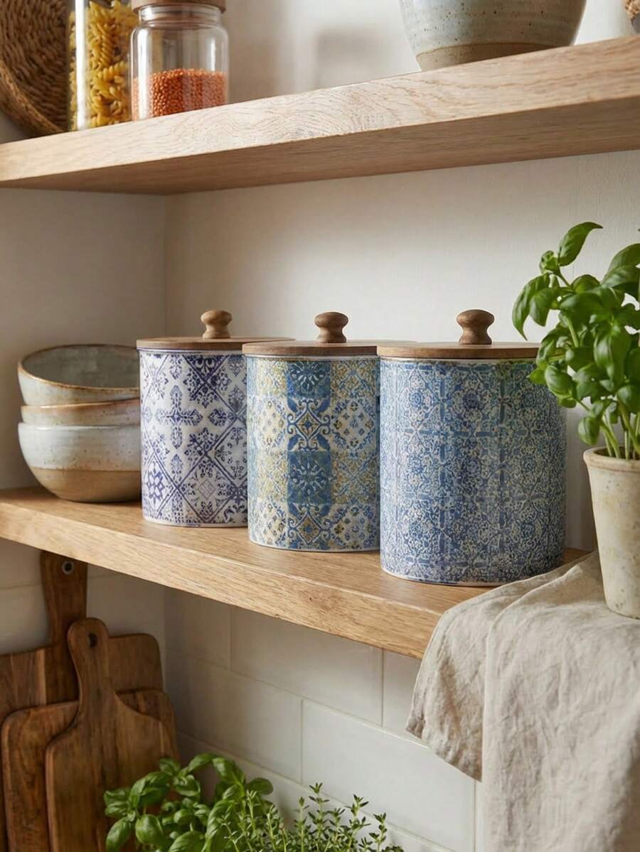 Cirelle Vintage Iron Canister With Wood Lid - Airtight Geometric Design Jar For Coffee Beans, Tea & Grains, Rustic Kitchen Storage Decor - Multicolor - View 1