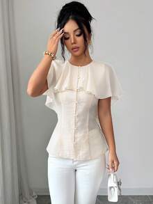 Elenzga Women's Solid Color Sheer Round Neck Capelet Style Romantic Ruffle Buttoned A-Line Sleeveless Short Sleeve Pink Blouse, Elegant French Retro Minimalist Formal Office Commute Business Casual Beach Holiday Street Style Spring/Summer New Blouse For Women Elegant Classy Women's Tops And Blouses Women's Short Sleeve Tops Latest Tops For Women New Arrivals Women's Tops For Summer - Pale Yellow - View 7